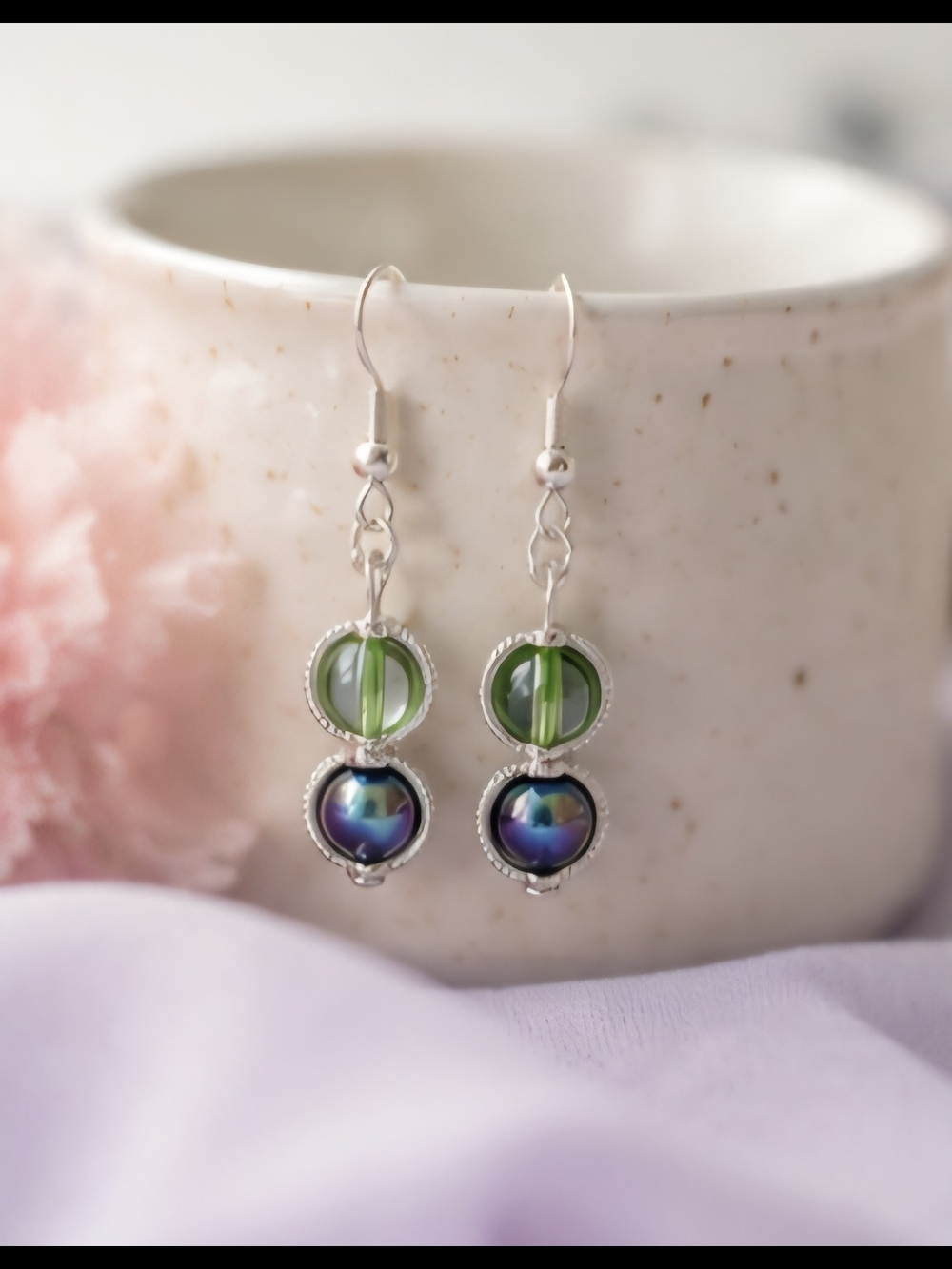 Green & Iridescent Double Drop Earrings - Women Jewelry